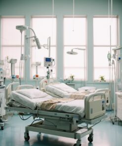 Hospital bedside table on wheels