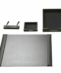 Executive Leather Desk Set - Letter Tray, Desk Pad, Double Pen Stand - Memo Pad Tray - Black - LEA651BL