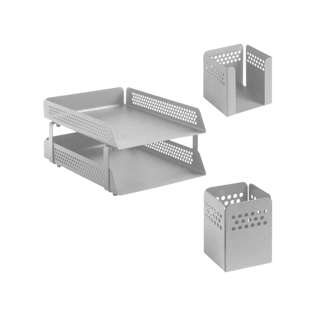 Desk Set - Round Perforated Steel Range - Metal - Letter Tray, Pencil Cube and Cup - Silver - 812SI