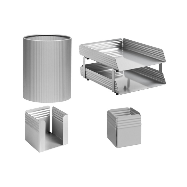 Desk Set - Fluted Steel Range - Metal - Letter Tray - Waste Bin - Pencil Cube and Cup - Silver - 513SI