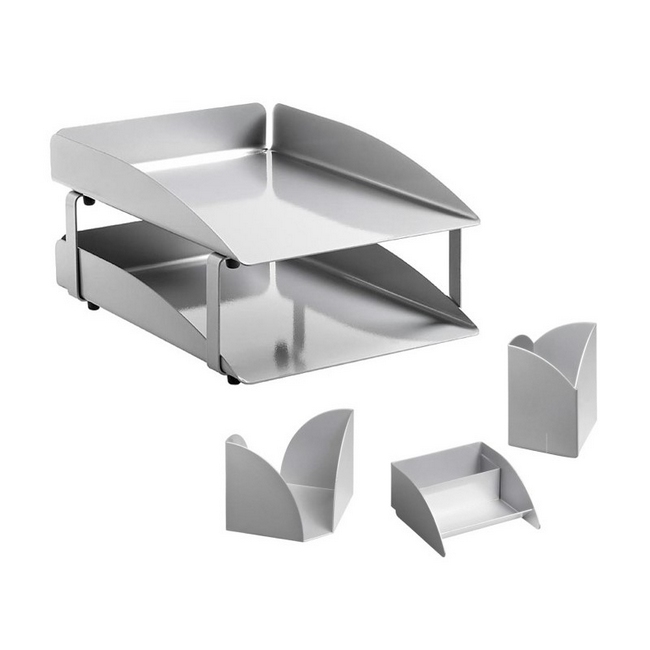 Desk Set - Modern Steel Range - Metal - Letter Tray - Business Card Holder - Pencil Cube and Cup - Silver - 411SI