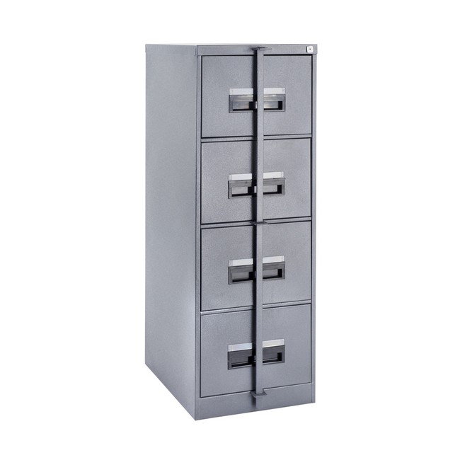 Steel Office Filing Cabinet - 4 Drawer File - Security Bar - Knock Down (Requires Assembly) - 130 x 47 x 63 cm - 4FC01KD-grey