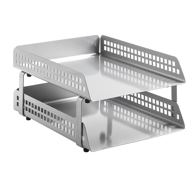 Double Letter Tray - Square Punch Steel Range - Metal - 35 x 25 x 17 cm - Silver - 422SI