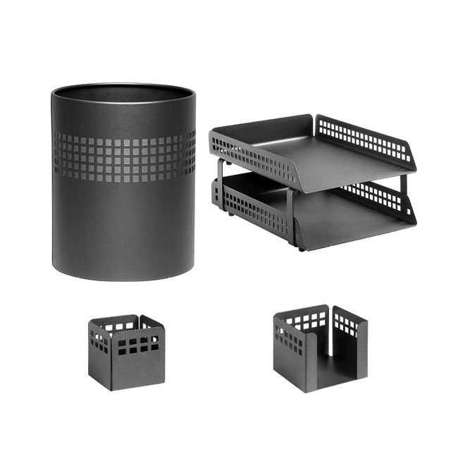 Desk Set - Square Punch Steel Range - Metal - Letter Tray - Waste Bin - Pencil Cube and Cup - Colour Options - 413BL