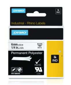 Dymo Rhino 6mm x 5.5m Permanent Polyester Label Tape – Black on White