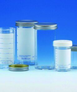 Sample containers 250 ml, PS with metal cap, with label, sterile AS, pack of 50