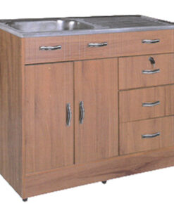 Kitchen sink unit with wooden cabinet and tap